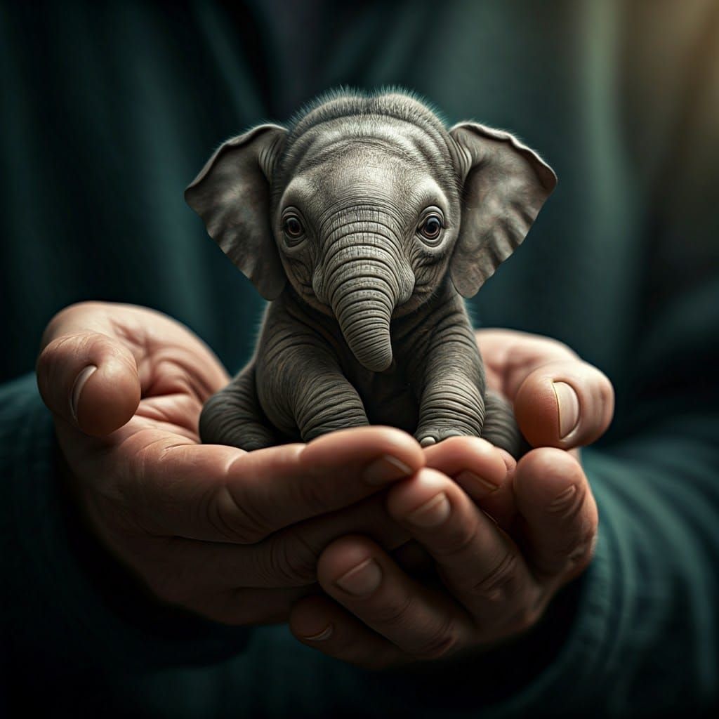 Miniature Elephant Held in Worn Hands