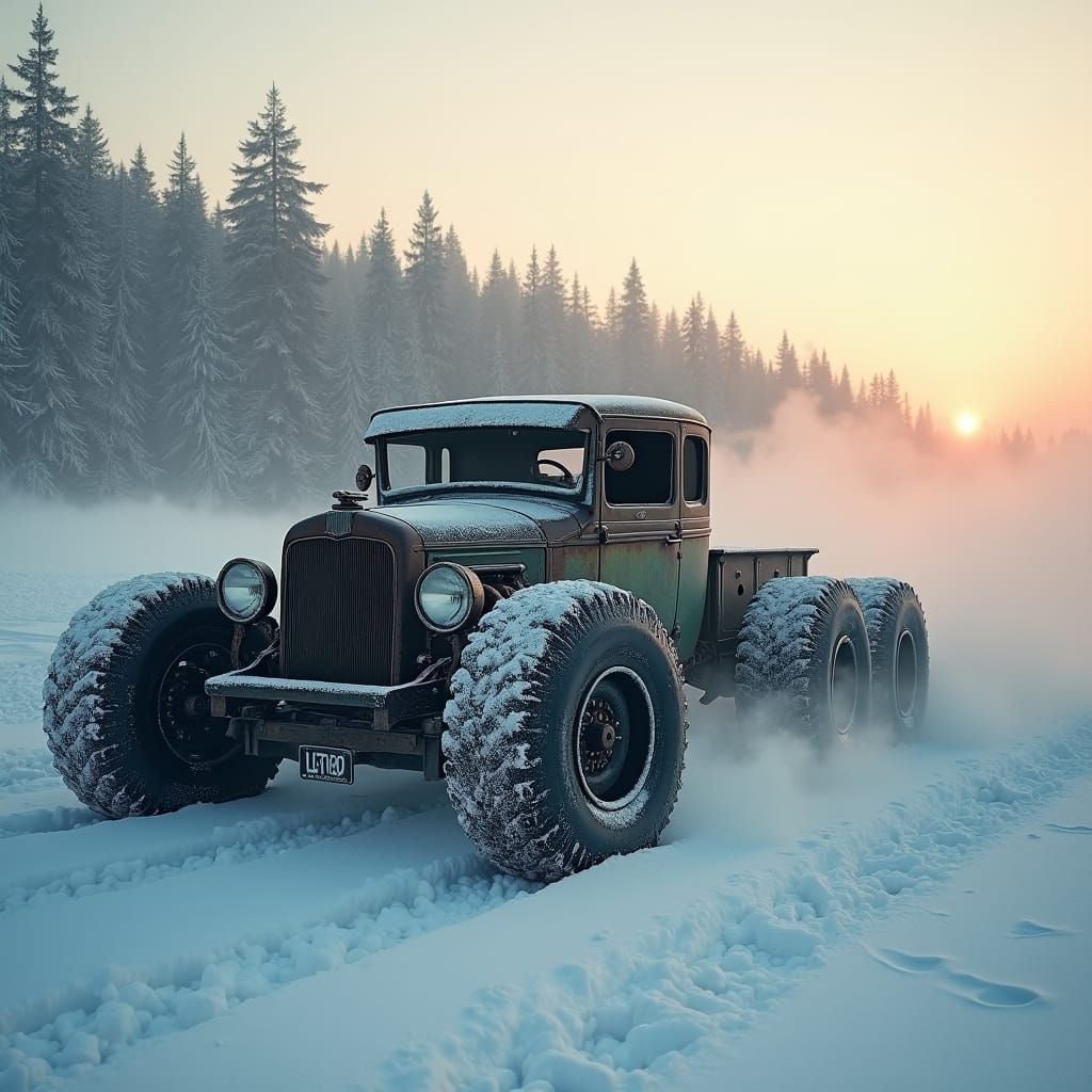 Vintage Monster Truck Hot Rod in Snowy Landscape