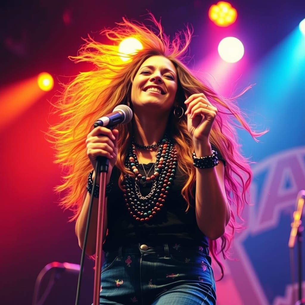 Janis Joplin Rock Icon in Psychedelic Stage Lighting
