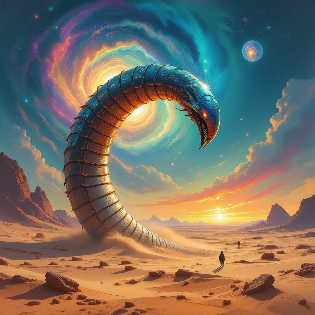 Giant Sandworm Emerges on Alien Planet in Dalí-Giger Style