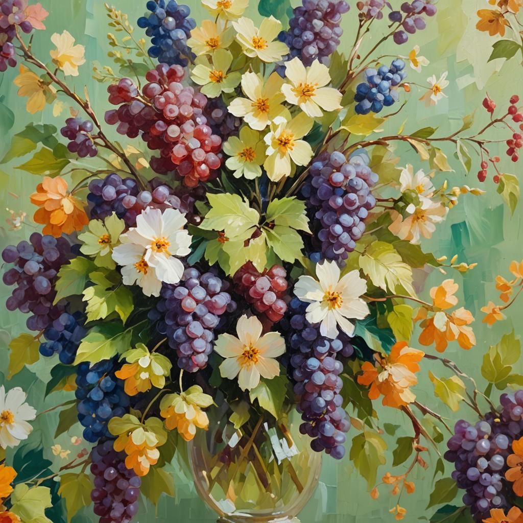Impressionist Floral Still Life with Grapes