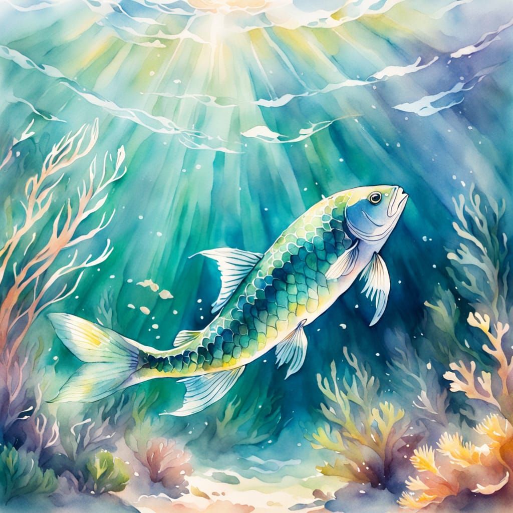 Underwater Swimmer in Dreamy Impressionist Watercolor