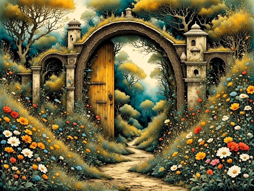 Blooming Garden Through Ornate Gate in Biomorphic Style