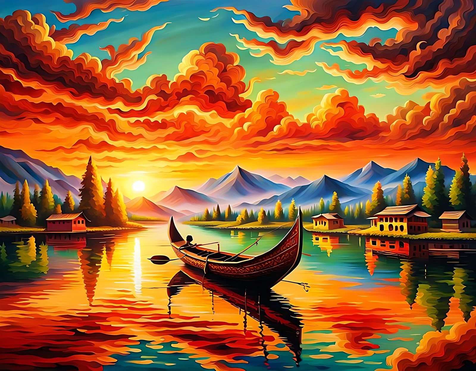 Traditional Shikara Boat on Kashmir Lake at Sunset