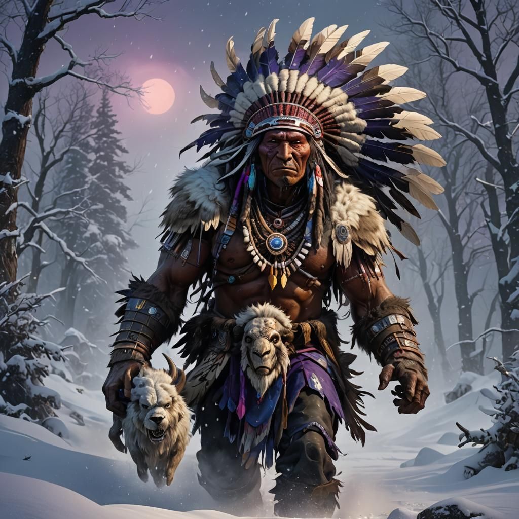 Indian Chief in Blizzard: Dark Fantasy Concept Art