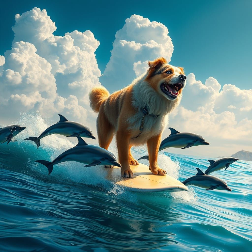 Majestic Dog Rides Wave with Dolphins in Turquoise Ocean