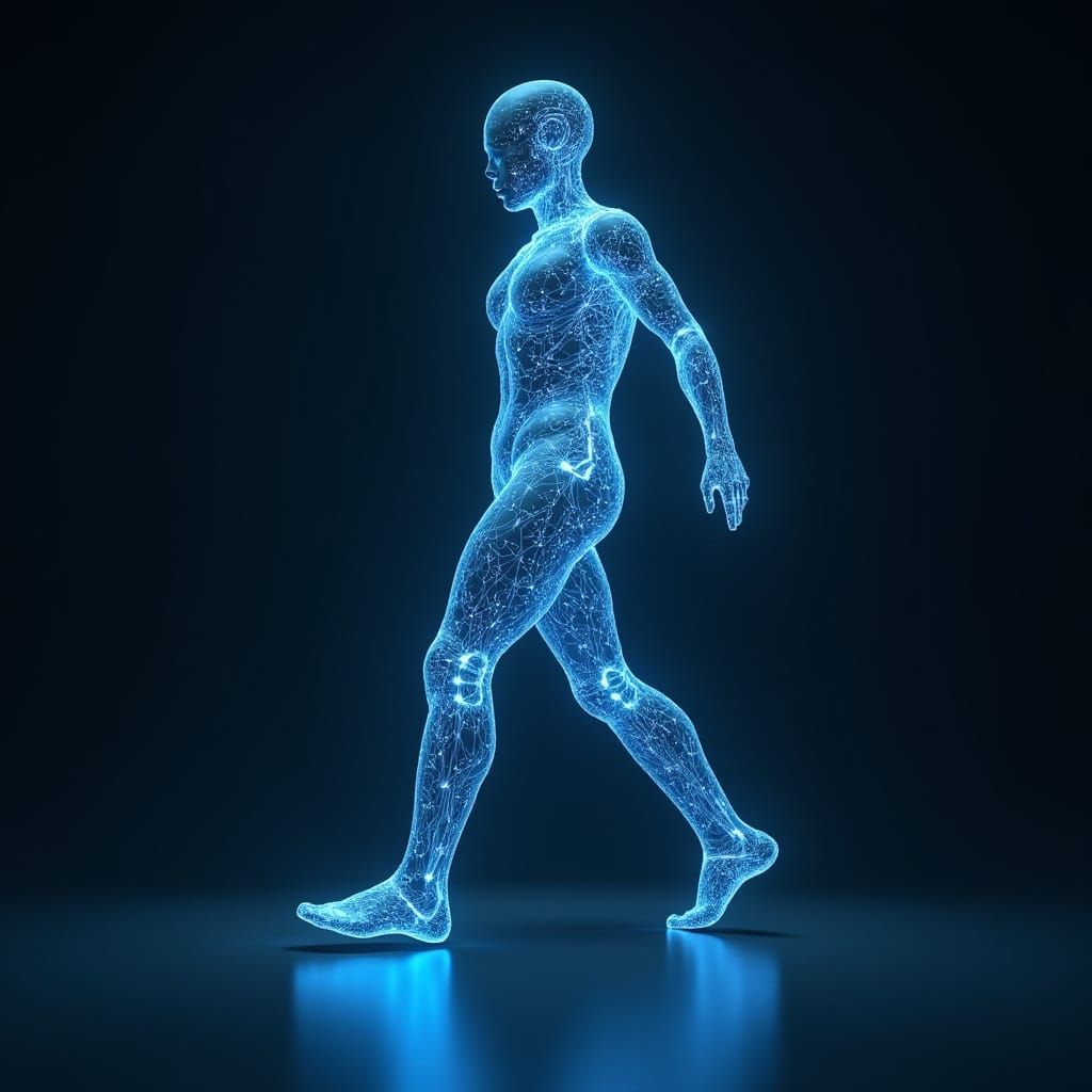 Futuristic Holographic Leg in Exosuit Taking Step