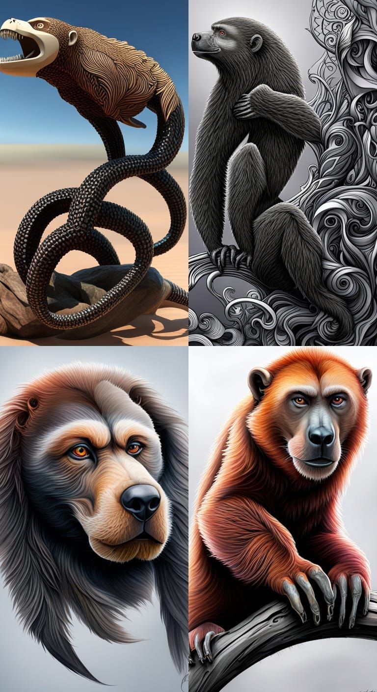 Ursine Monkey with Whale Skeleton in Zentangle Style