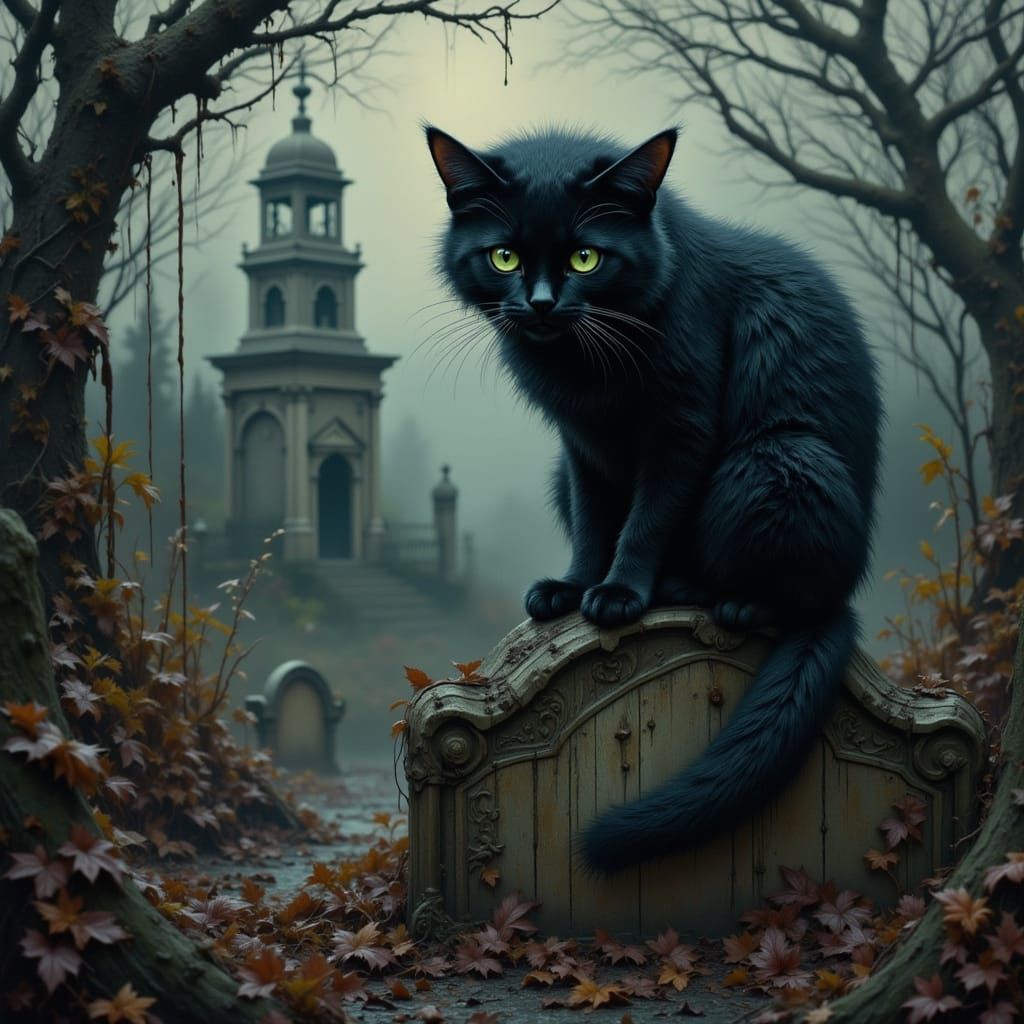 Eerie Black Cat Sentinel in Gothic Cemetery
