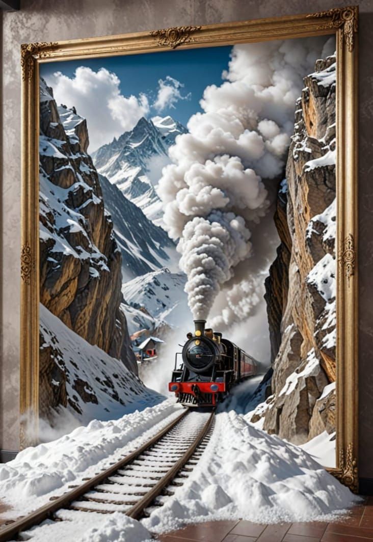Steam Train Emerges from Wall Painting into Snowy Alps