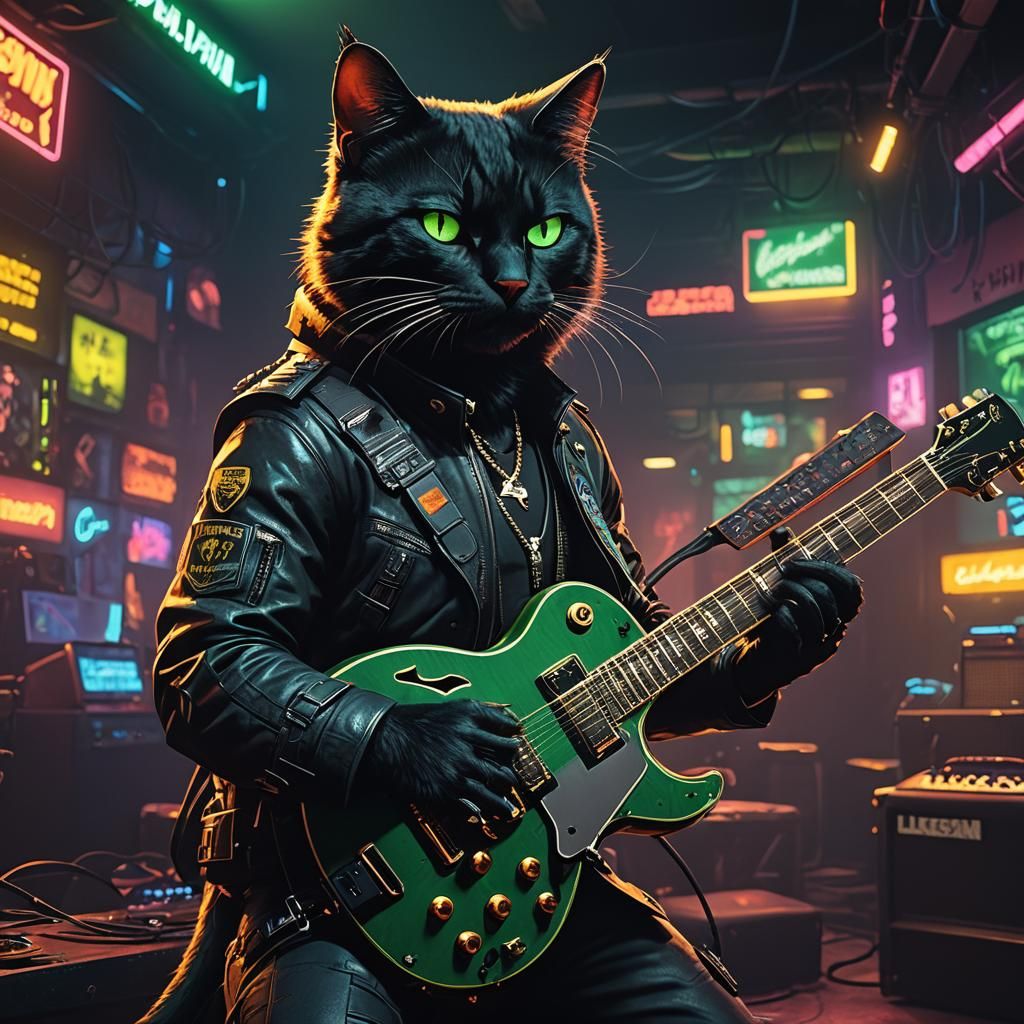 Cyberpunk Cat Plays Guitar at Rock Concert