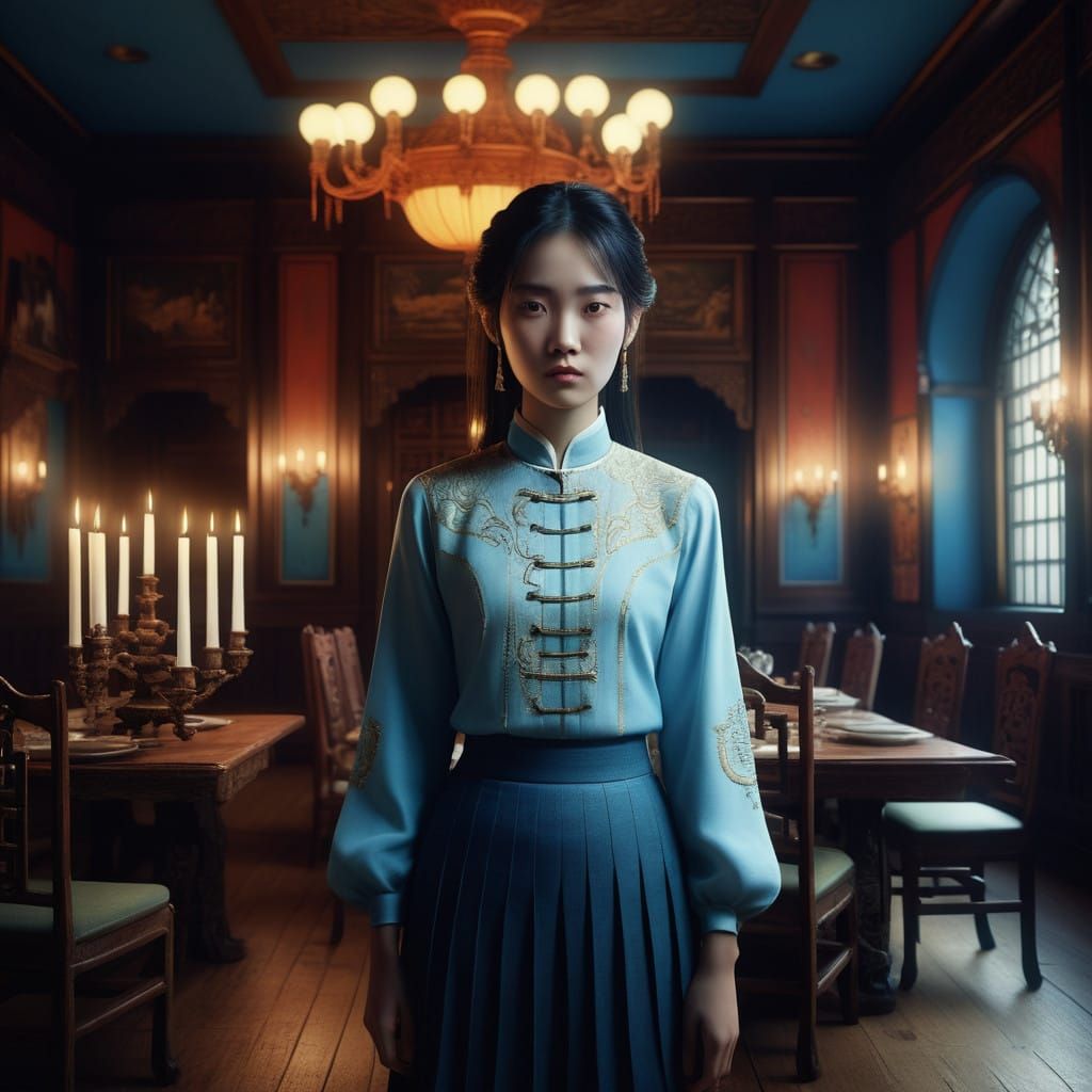 Ethereal Chinese Ghost in Opulent Dining Hall