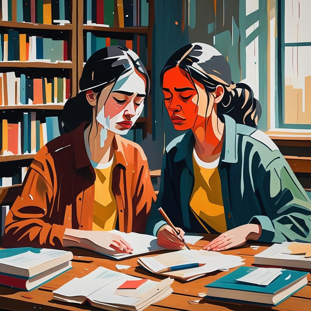 College Women Weeping in Modern Library