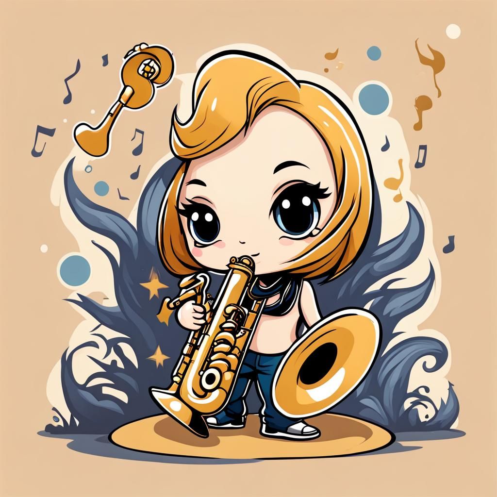 Chibi Character Playing Saxophone in Mystical Fantasy