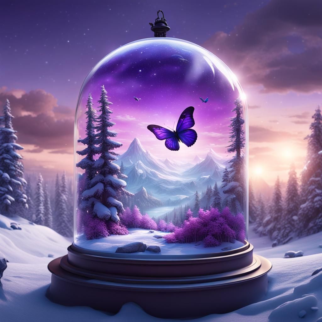 Butterfly in Glass Dome with Snowy Landscape