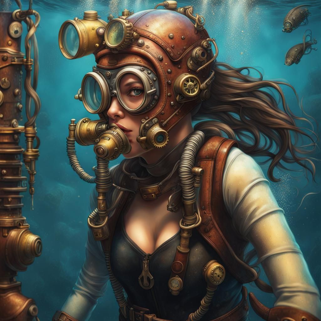 Steampunk Diver Girl in Hyperrealistic Splash Art