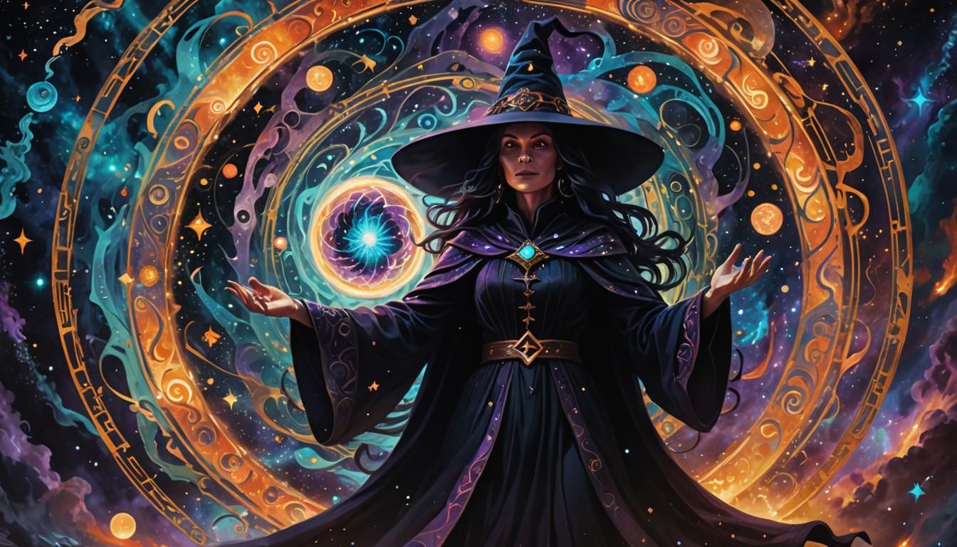 Mystical Witch Conjuring Astral Spell in Retro Art