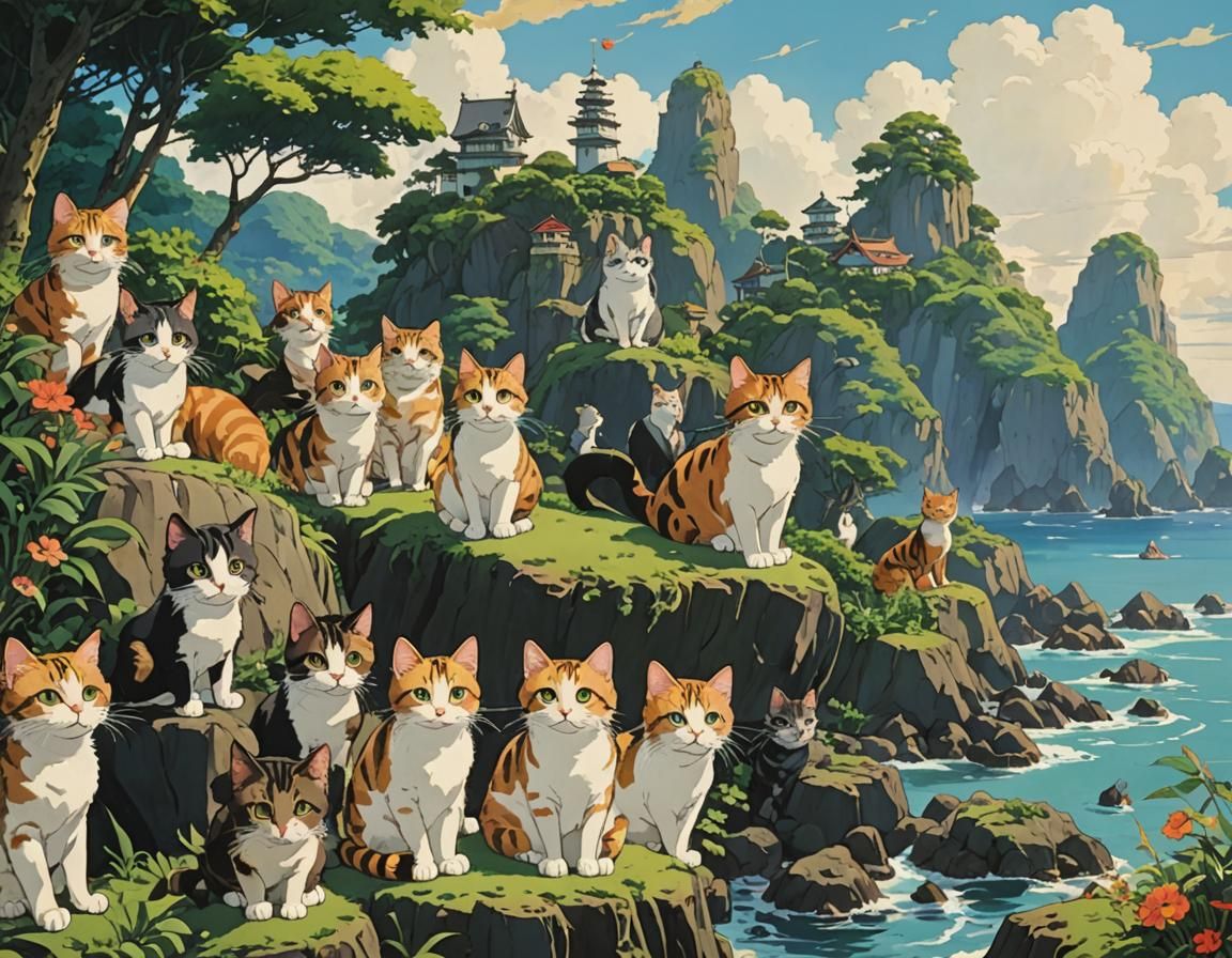 Anime Cats Relaxing on Tropical Island