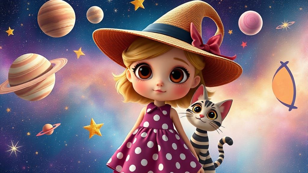 Whimsical Girl and Cat in Pixar Cartoon Style