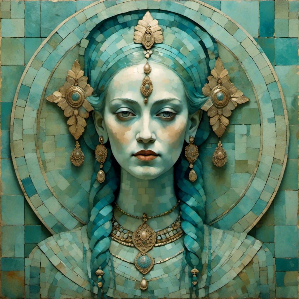 Verdigris Deity Portrait in Classic Painting Style