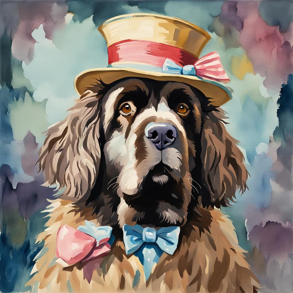 Newfoundland Dog as Alice Character in Gouache Style
