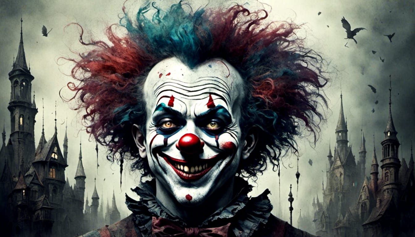 Sad Clown with Running Makeup in Antique Watercolor Style