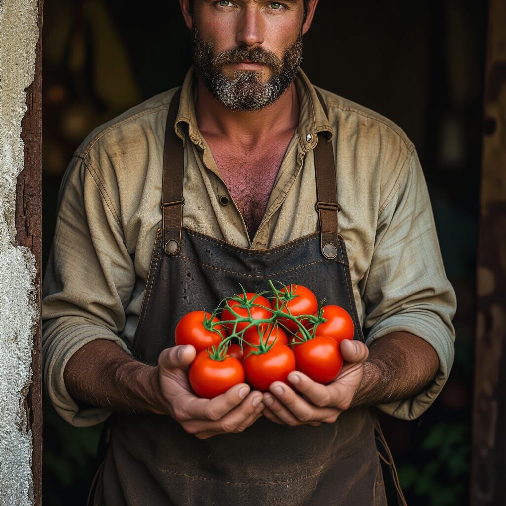 Rustic Man with Tomatoes: Hyperrealistic Cinematic Portrait