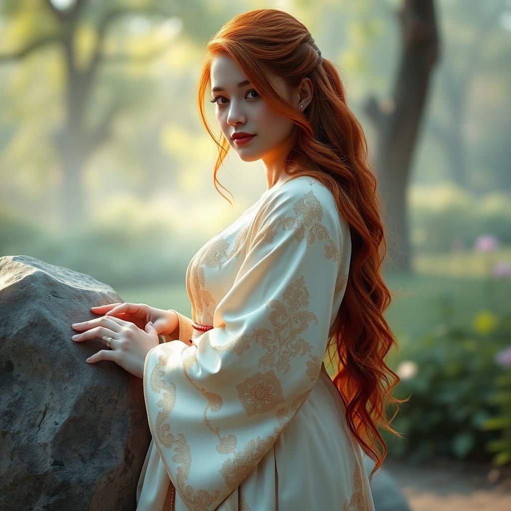 Red-Haired Woman in Garden with Volumetric Lighting