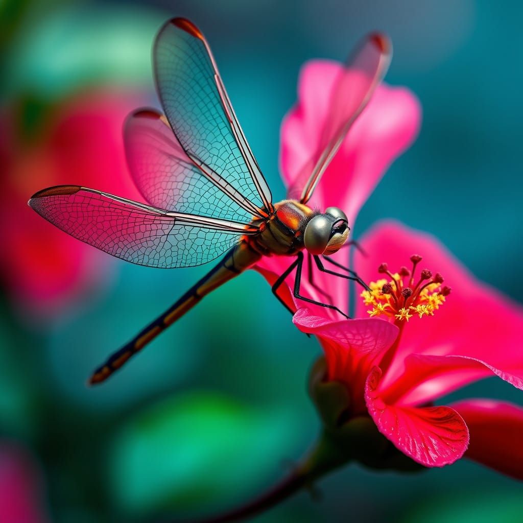 Vibrant Dragonfly on Hibiscus Flower in Hyperrealistic Detai...