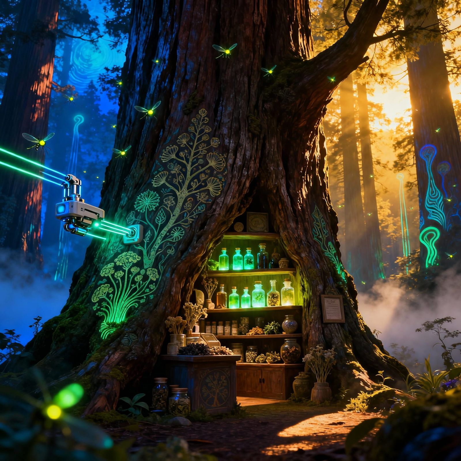 Bioluminescent Forest Medicine Shop with Psychedelic Artistr...