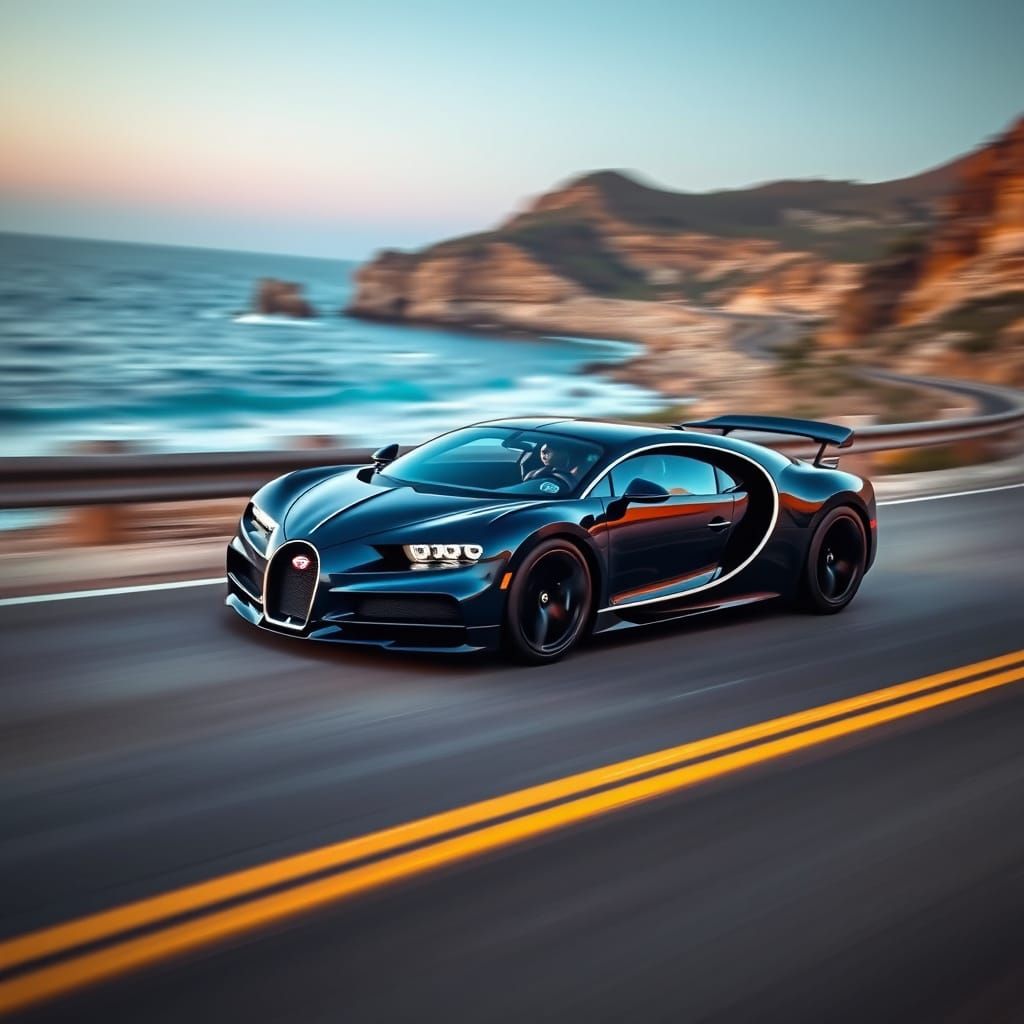 A photograph of a sleek, midnight blue Bugatti Chiron .