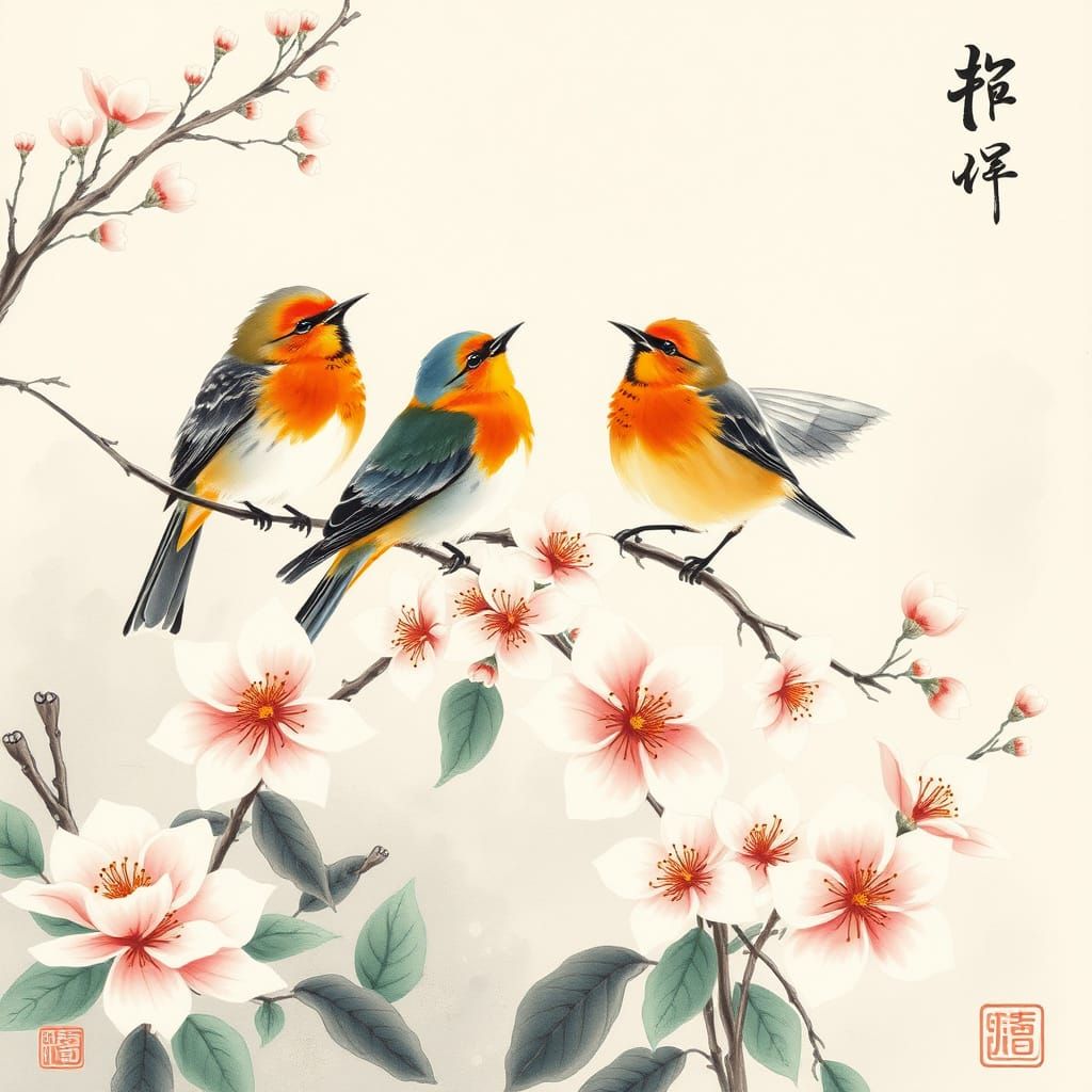Birds Singing in Spring, Chinese Ink Painting