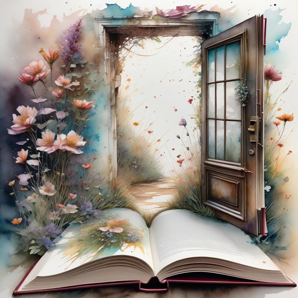 Secret Garden Flows From Open Book, Watercolor Style