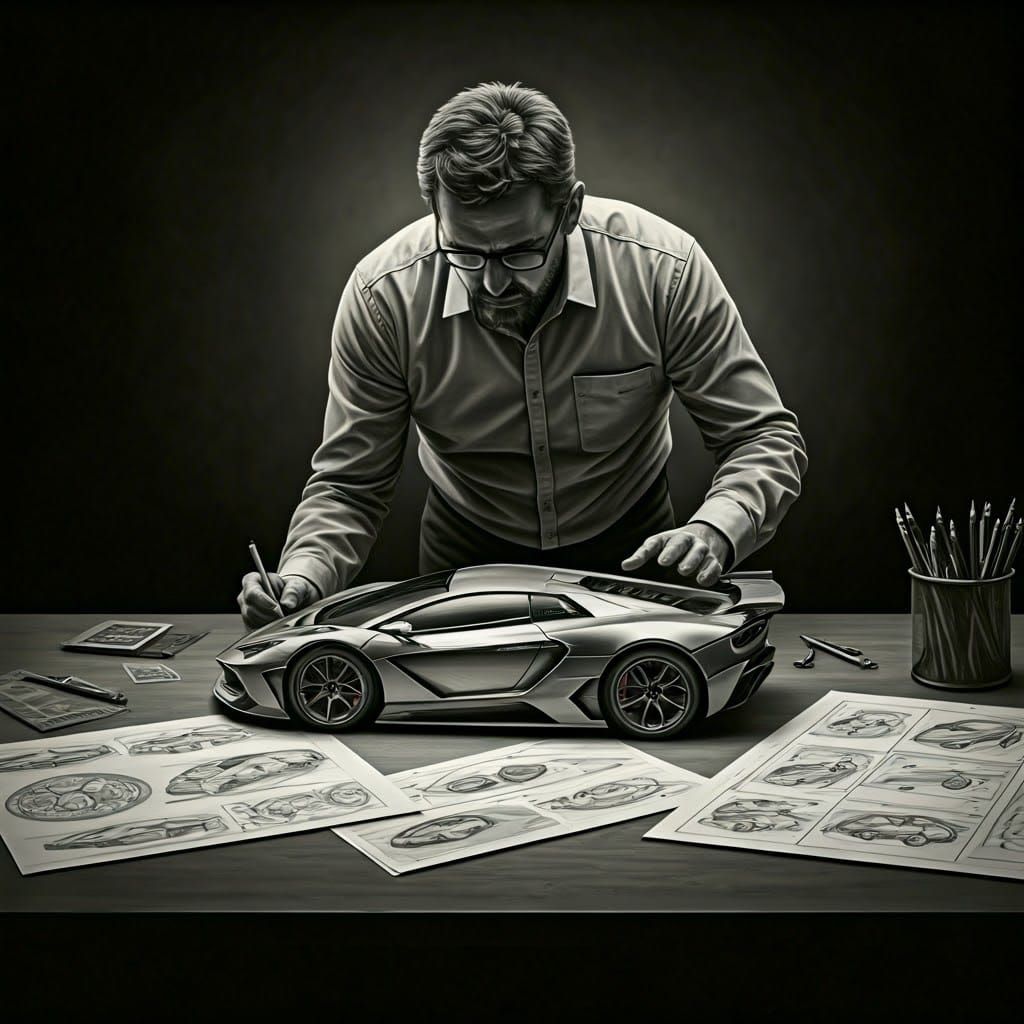 Engineer Designs Supercar: Charcoal Drawing in Bacon Style