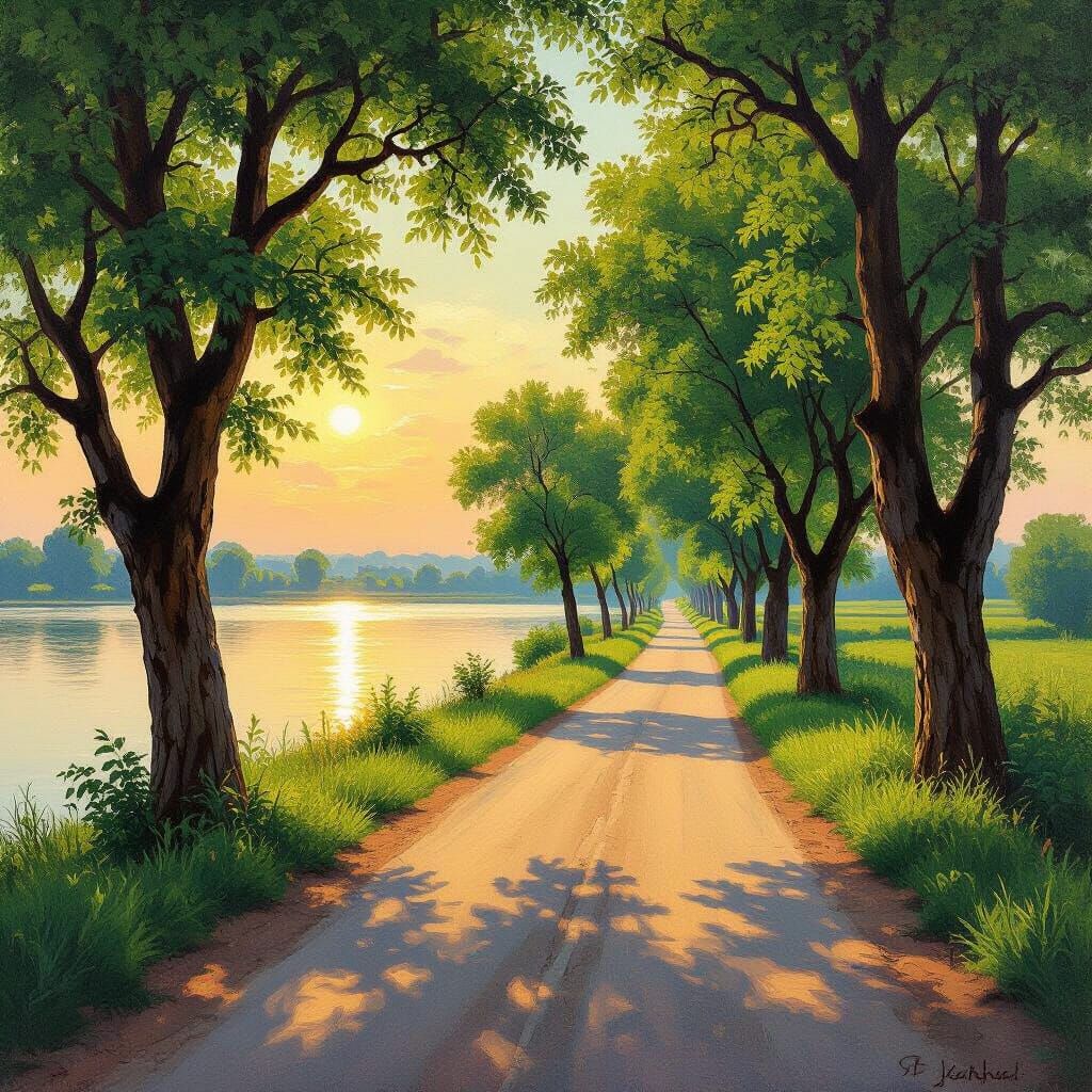 Golden Hour Village Road to Serene Lake