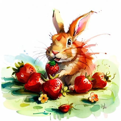 Happy Cartoon Rabbit Eating Strawberries, Disney Style