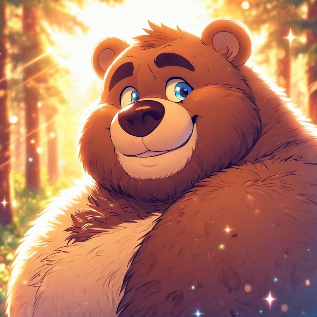 Smiling Fuzzy Bear in Sunlit Forest: Pastel Anime Style
