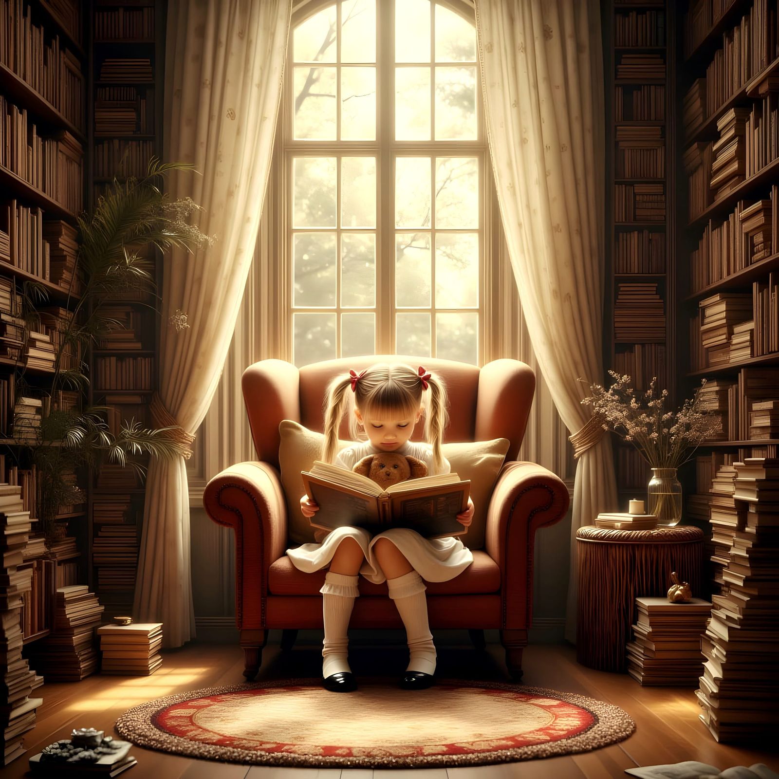 Cozy Sunlit Reading Nook with Child and Teddy Bear