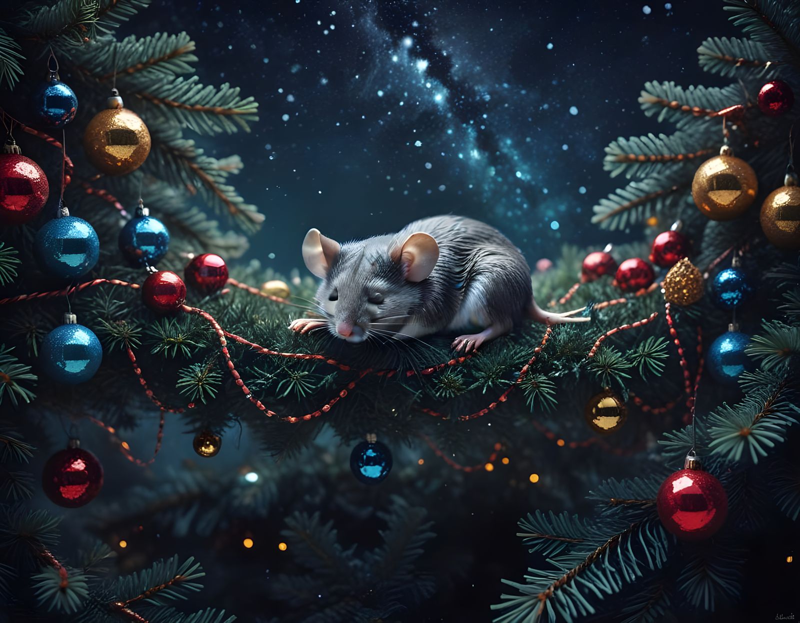 Magical Christmas Mouse Under the Ornate Tree