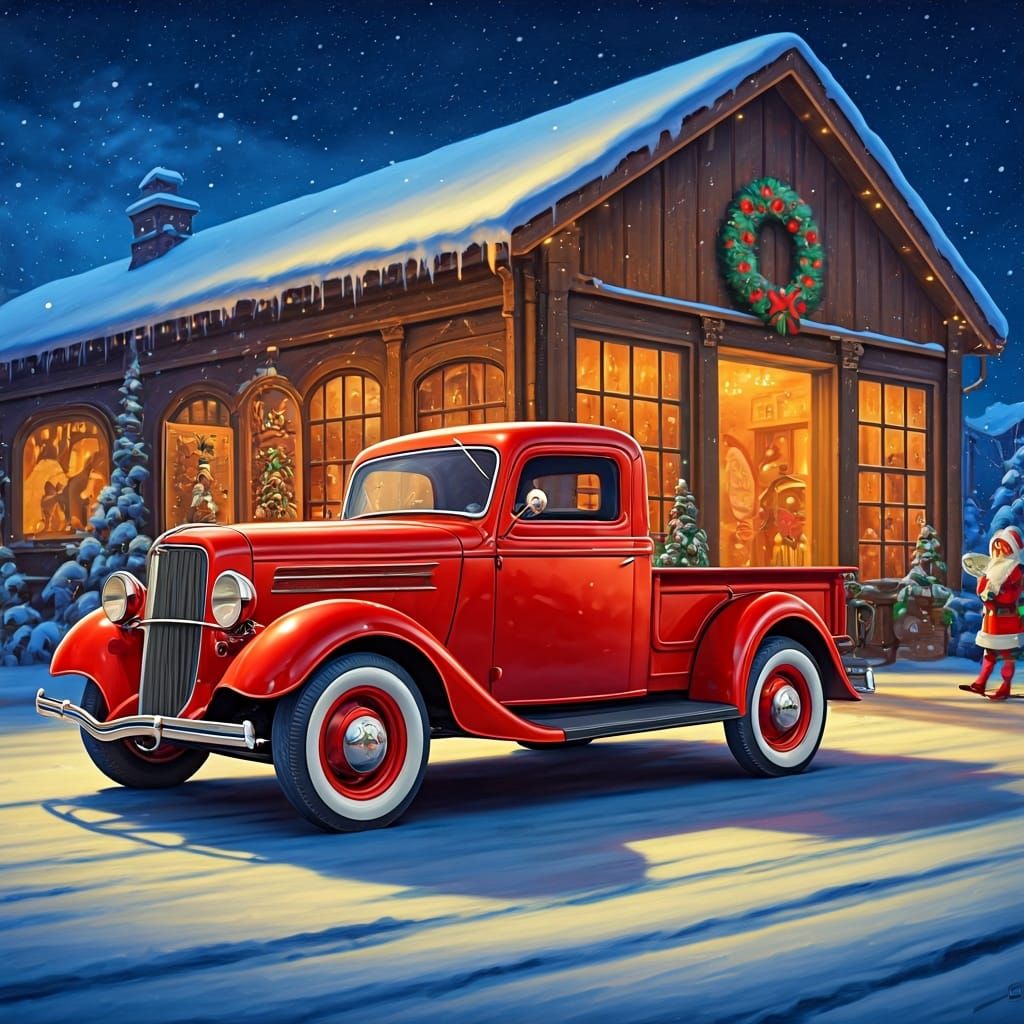 Retro Elf and Classic Truck: Impressionistic Oil Painting