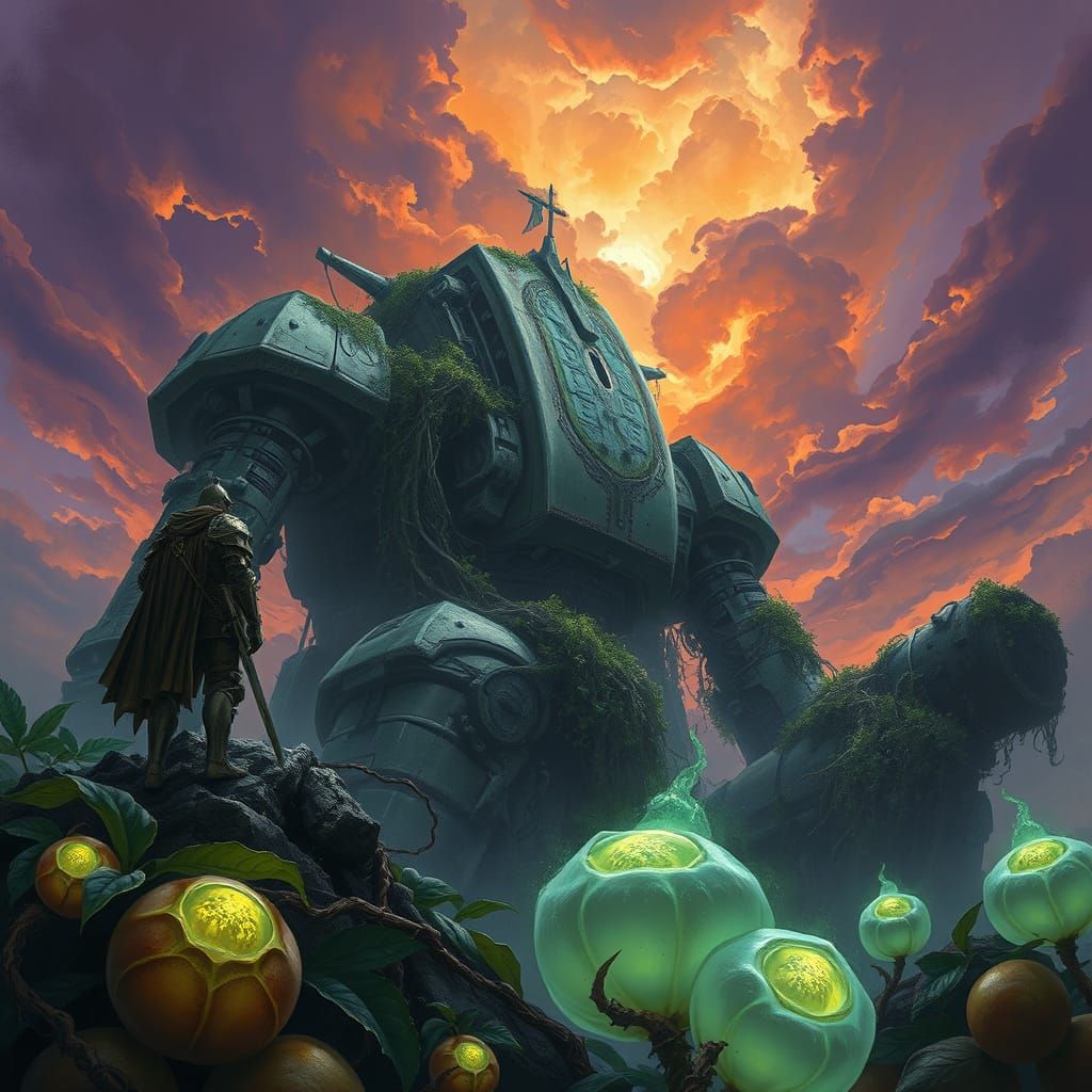 Knight Beside Giant Automaton in Dark Fantasy Landscape
