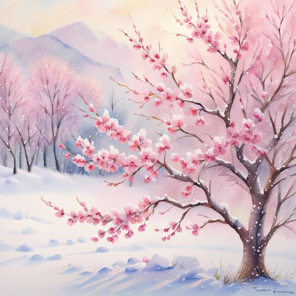 Cherry Tree Blossoms in Winter Watercolor