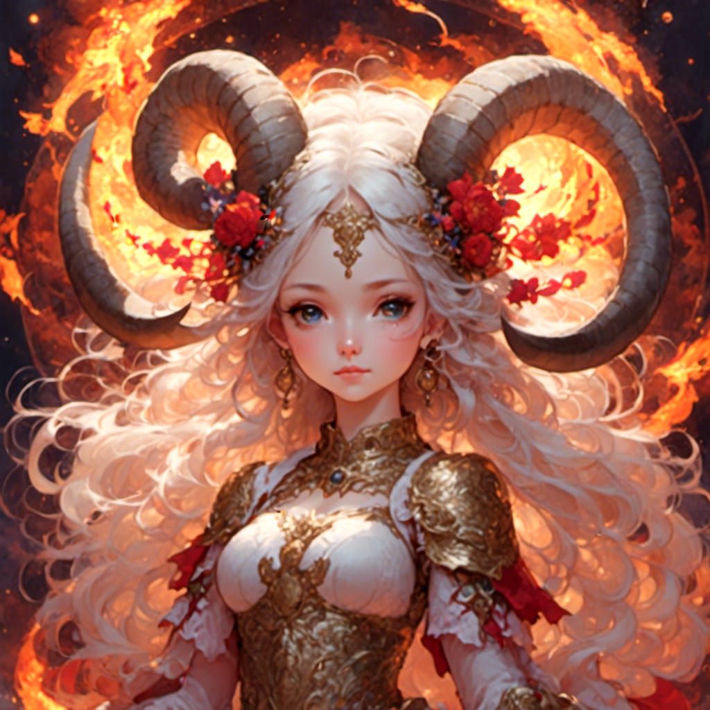 Aries Goddess Leads Ram in Anime Style