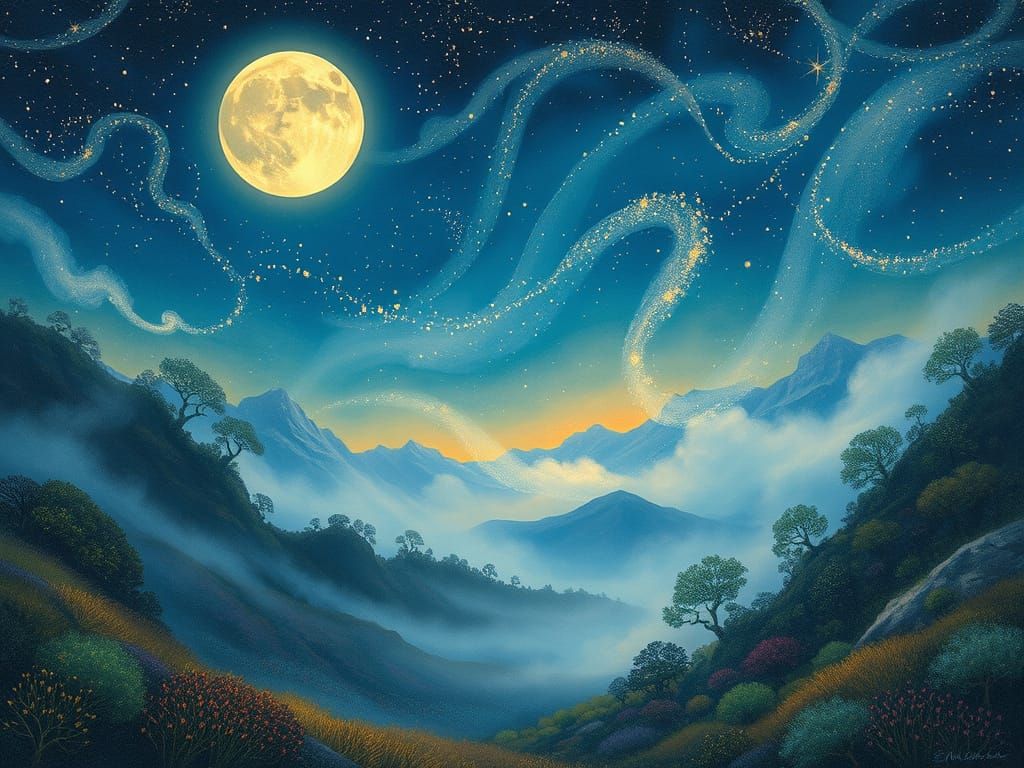 Dreamlike Celestial Landscape in Whimsical Fantasy Style