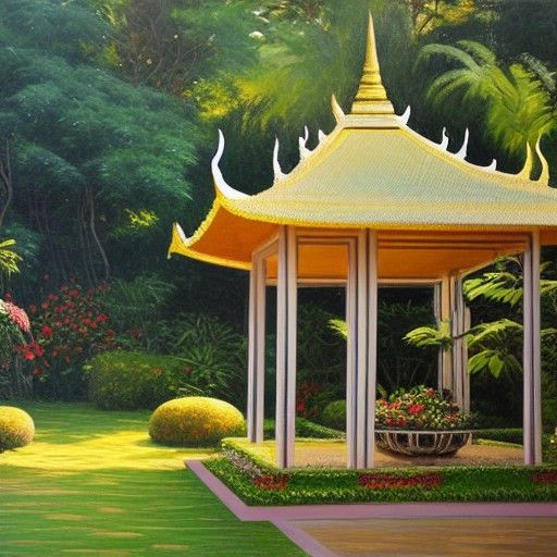 Lush Thai Garden Pavilion in Oil Painting Style