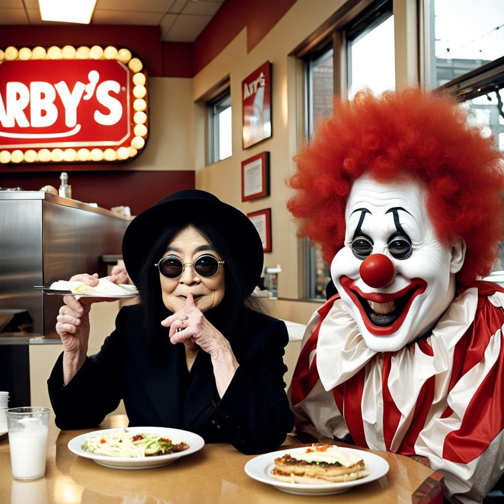 Yoko Ono and Bobo the Clown at Arby's