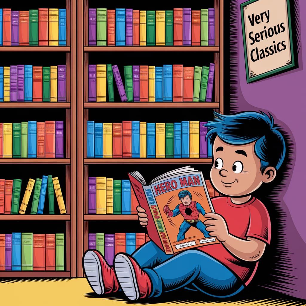 Child Reads Comic Book by Bookshelf
