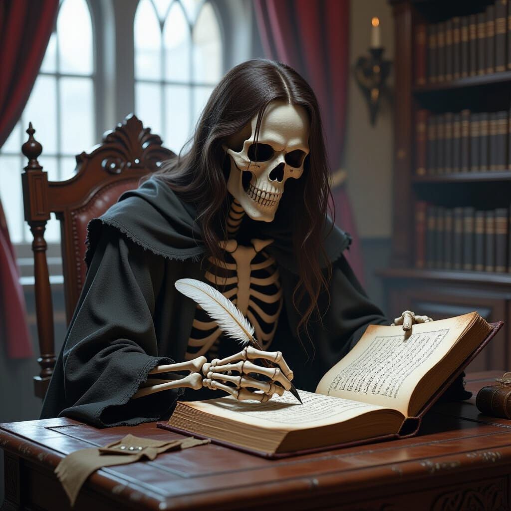 Skeleton Writer in Dark Fantasy Style