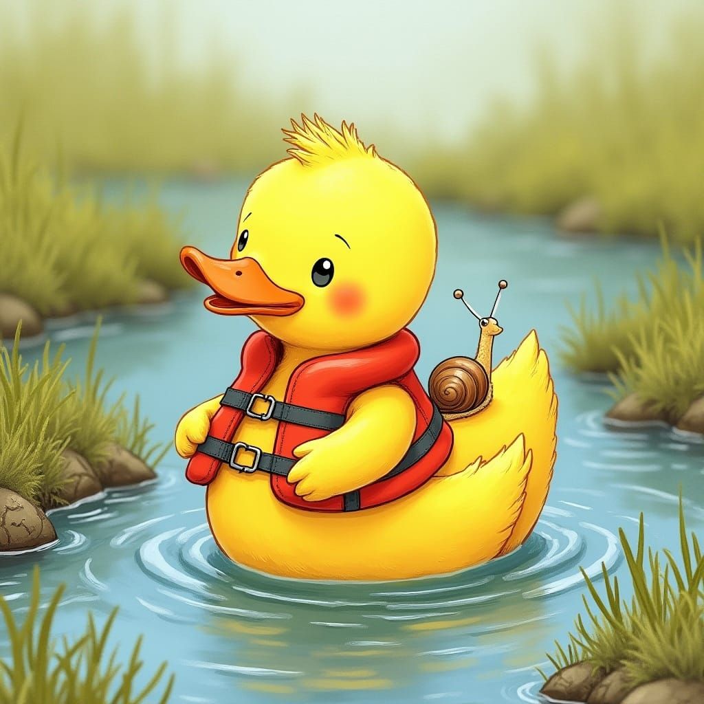 Yellow Duck with Snail in Whimsical Fairytale Style