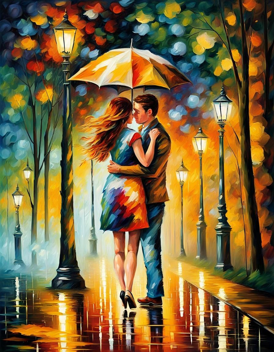 Young couple under a single umbrella walks along the avenue